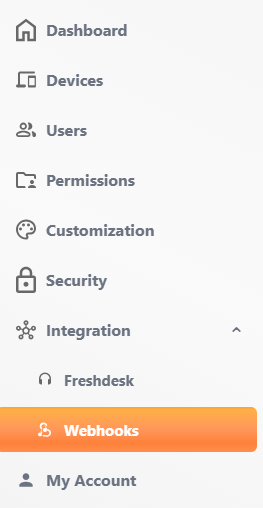 Admin console: Integration menu with the Webhooks entry