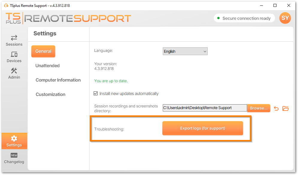 TSplus Remote Support logs