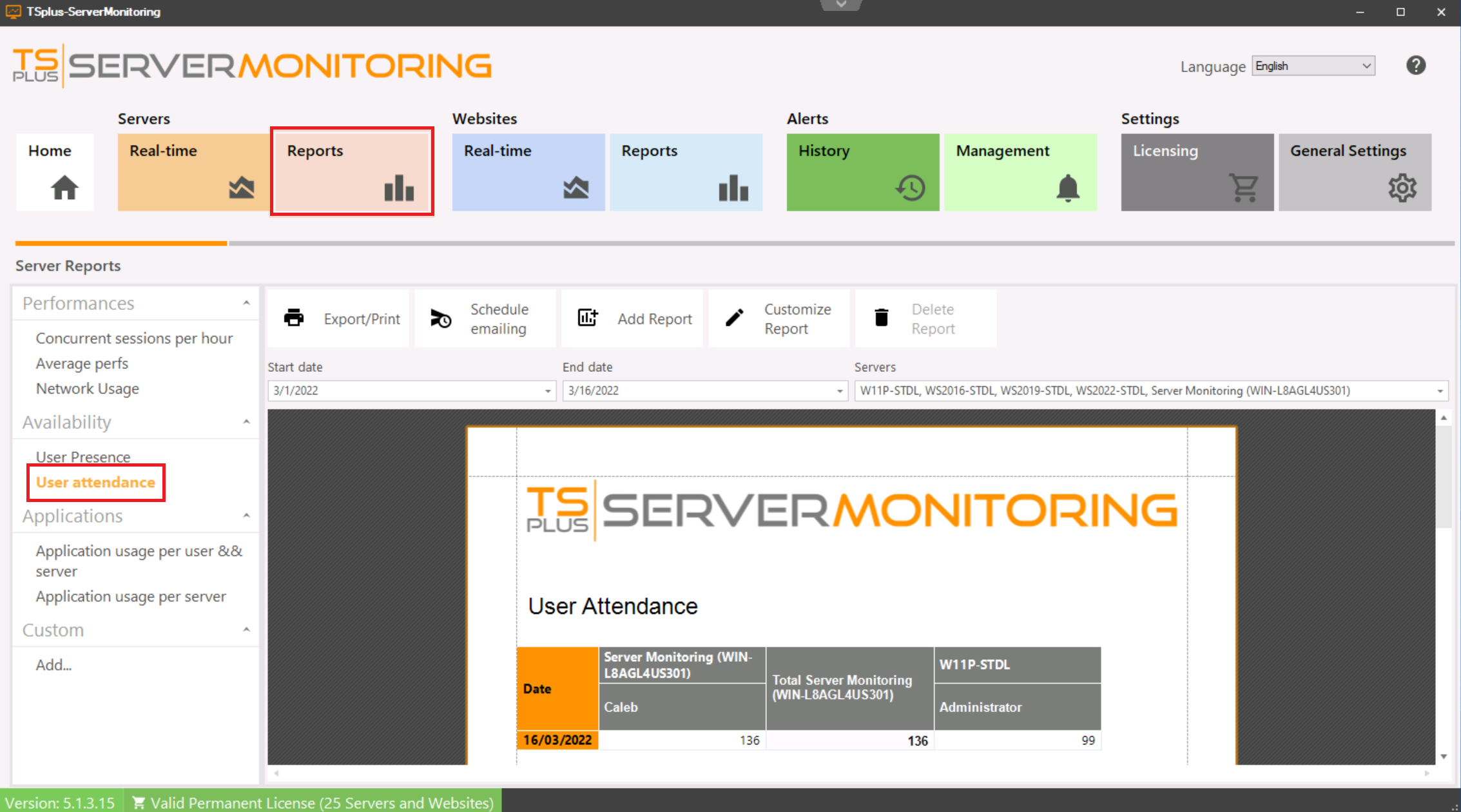 Server User Attendance Report Screenshot