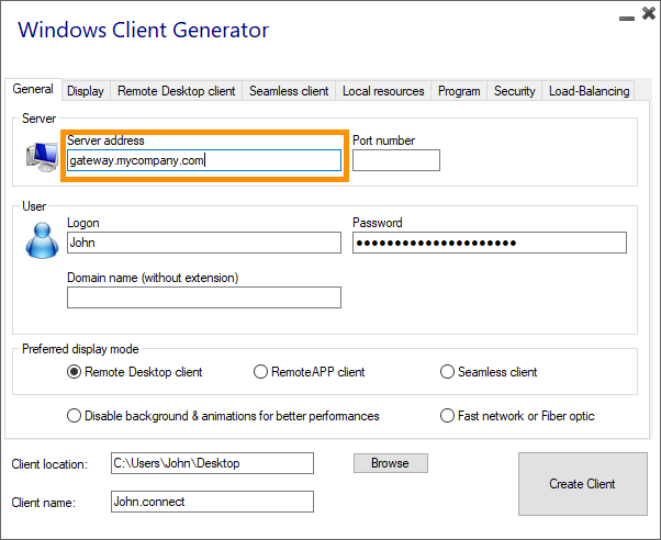 Client generator gateway server address